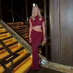 Split Sleeve Top & Maxi Skirt Set - S / Burgundy - Clothing