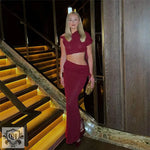 Split Sleeve Top & Maxi Skirt Set - S / Burgundy - Clothing