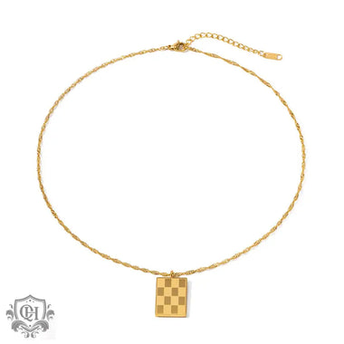 18K Gold Fashion Vintage Square Checkerboard Design Pendant Necklace - QH Clothing