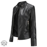 Graceful Stand Collar Faux Leather Jacket - QH Clothing