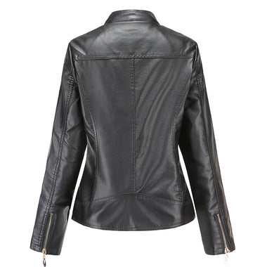 Graceful Stand Collar Faux Leather Jacket - QH Clothing