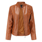 Graceful Stand Collar Faux Leather Jacket - QH Clothing