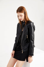 Graceful Stand Collar Faux Leather Jacket - QH Clothing