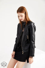 Graceful Stand Collar Faux Leather Jacket - QH Clothing