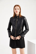 Graceful Stand Collar Faux Leather Jacket - QH Clothing