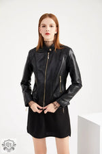 Graceful Stand Collar Faux Leather Jacket - QH Clothing