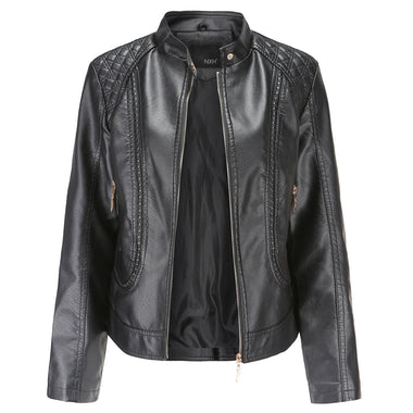 Graceful Stand Collar Faux Leather Jacket - QH Clothing