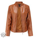 Graceful Stand Collar Faux Leather Jacket - QH Clothing