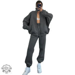 Stand Collar Zip Cardigan & Casual Trousers - S / Dark Grey - Clothing