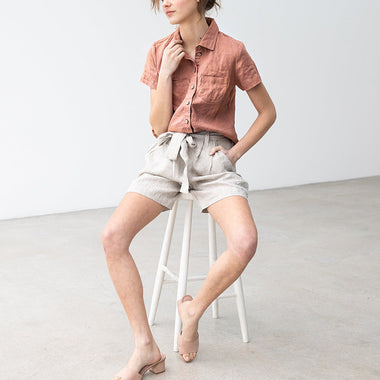 High Waist Linen Shorts with Belt - QH Clothing