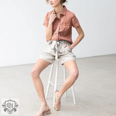 High Waist Linen Shorts with Belt - QH Clothing