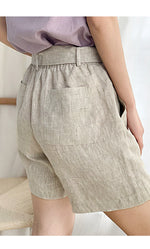 High Waist Linen Shorts with Belt - QH Clothing