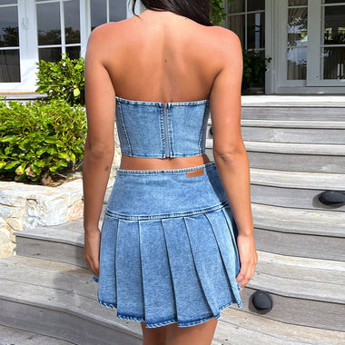 Strapless Denim Top & Pleated Skirt - Clothing