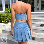 Strapless Denim Top & Pleated Skirt - Clothing