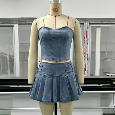 Strapless Denim Top & Pleated Skirt - Clothing