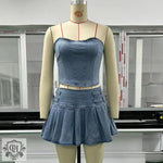 Strapless Denim Top & Pleated Skirt - S / Blue - Clothing