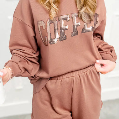 Mauve loungewear set with COFFEE print, perfect for relax relax in various euro sizes