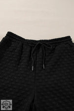 Black textured drawstring shorts from Strawberry Pink Checkered Textured Set, available in UK sizes