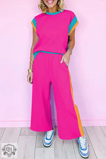 Bright pink two-piece outfit from Strawberry Pink Color Block Detail Casual Set, ideal for relax relax