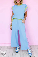 Light blue two-piece pantsuit featured in Strawberry Pink Color Block Detail Casual Set