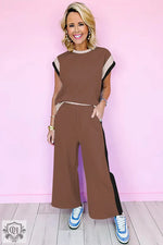 Brown knit two-piece set featuring bust hem width for a relaxed, casual look