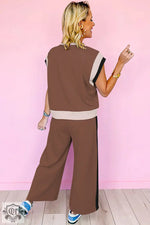 Brown and beige two-piece pantsuit from Strawberry Pink Color Block Detail Casual Set