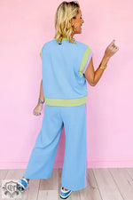 Woman’s blue and green lounge set from the Strawberry Pink Color Block Detail Two-piece Set