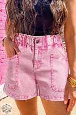 Strawberry Pink Elastic High Waisted Denim Shorts - Strawberry Pink / 4 / 71.5% Cotton + 25% Polyester + 2% Viscose