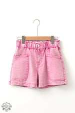 Strawberry Pink Elastic High Waisted Denim Shorts - Bottoms/Denim Shorts