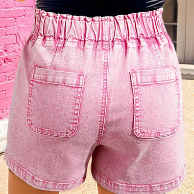 Strawberry Pink Elastic High Waisted Denim Shorts - Bottoms/Denim Shorts