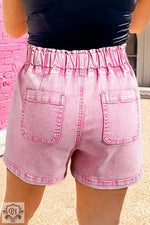 Strawberry Pink Elastic High Waisted Denim Shorts - Bottoms/Denim Shorts