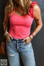 Woman wearing Strawberry Pink Ruffled Wide Straps Slim Tank Top with blue jeans