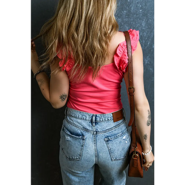 Strawberry Pink Ruffled Wide Straps Slim Tank Top - Tops/Tank Tops