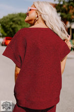 Burgundy textured knit top in Strawberry Pink Textured Loose Fit T Shirt and Drawstring Pants Set