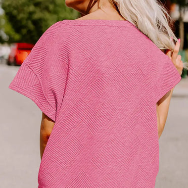 Pink textured knit top from the Strawberry Pink Loose Fit T Shirt and Drawstring Pants Set