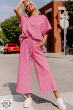 Strawberry Pink Textured Loose Fit T Shirt and Drawstring Pants Set for relaxed lounging