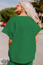 Green waffle-knit top from Strawberry Pink Textured Loose Fit T Shirt and Drawstring Pants Set