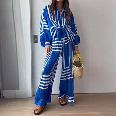 Stripe Pattern Shirt & Wide Leg Trousers - Clothing