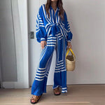 Stripe Pattern Shirt & Wide Leg Trousers - S / Blue - Clothing