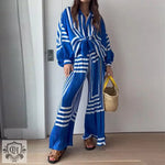 Stripe Pattern Shirt & Wide Leg Trousers - S / Blue - Clothing