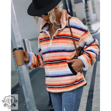 Plush Striped Collared Pullover Sweater - QH Clothing