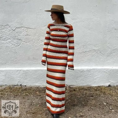 Striped Contrast Color Beach Vacation Sexy Dress Knitted Hollow Out Cutout Maxi Dress Blouse Summer Women - Quality Home Clothing| Beauty