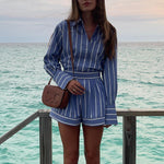 Striped Cotton Shirt & Shorts Set - Clothing