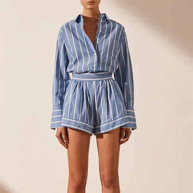 Striped Cotton Shirt & Shorts Set - Clothing