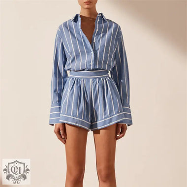 Striped Cotton Shirt & Shorts Set - Clothing