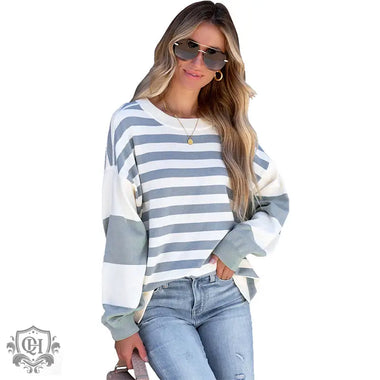 Stripe Patchwork Puff Sleeve Sweater - QH Clothing