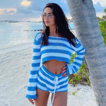 Striped Long Sleeve Crop Top & Shorts - S / Blue - Clothing