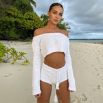 Striped Long Sleeve Crop Top & Shorts - S / White - Clothing