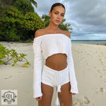 Striped Long Sleeve Crop Top & Shorts - S / White - Clothing