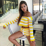 Striped Long Sleeve Crop Top & Shorts - S / Yellow - Clothing